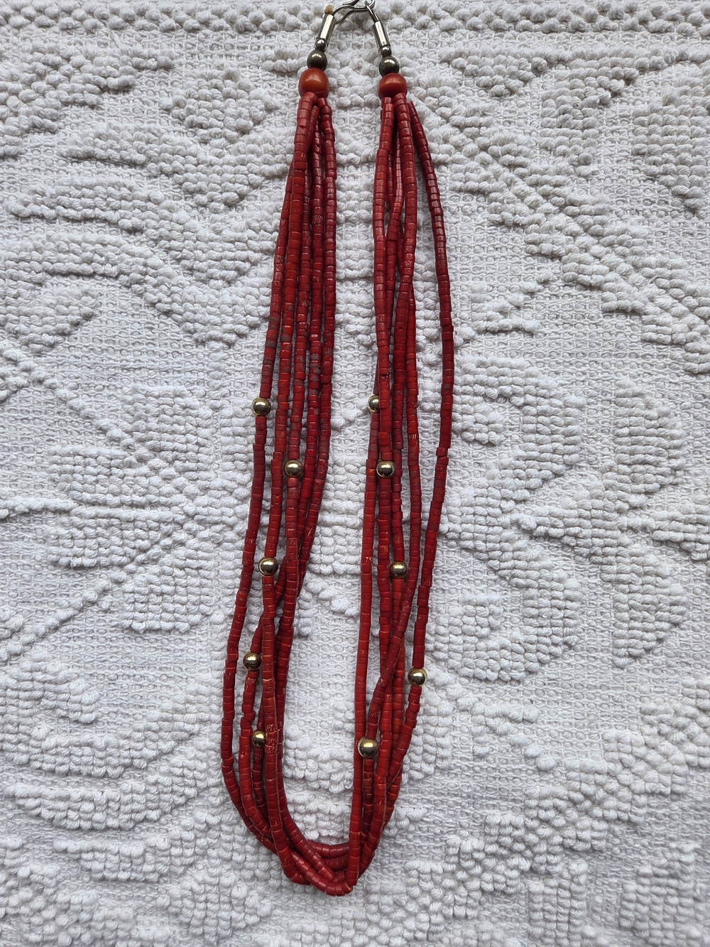 Boho Multi-Strand Vibrant Red Coral Heishi Bead Necklace w/ Gold Accent Beads